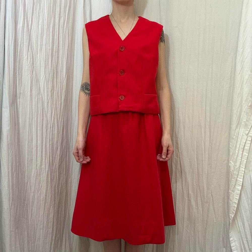 Red Skirt Set with V-Neck Button Up Vest Vintage 70s Mod Wool Blend